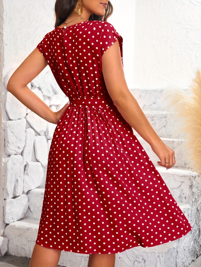 Polka Dot Pleated Dress, Short Sleeve Casual Dress For Spring & Summer, Women's Clothing