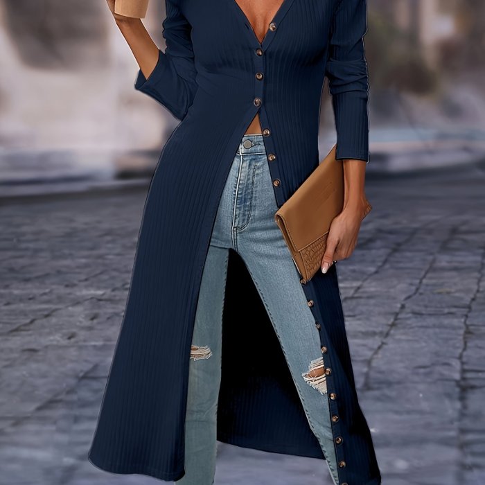 Solid Button Front Knitted Cardigan, Casual Long Sleeve Sweater Cardigan, Women's Clothing