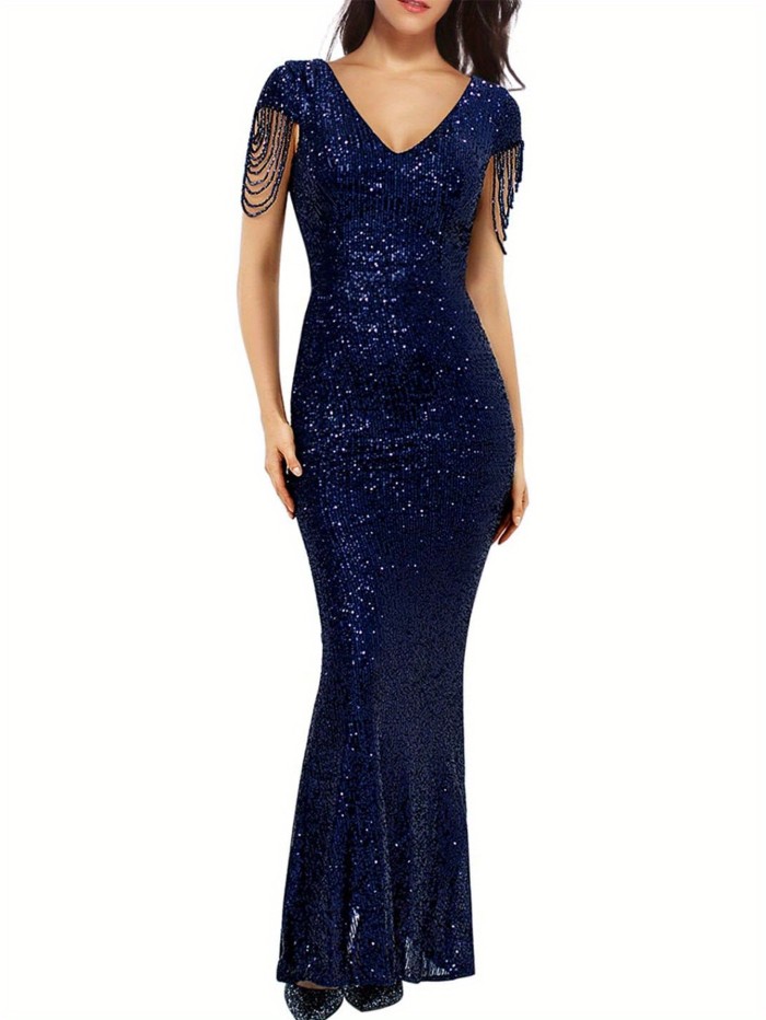 Women's V Neck Short Sleeve Sequin Bridesmaid Dress Gown Evening Party Dress