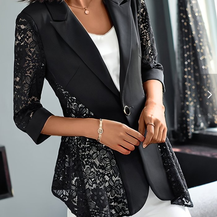 Stylish Single Breasted Long Sleeve Blazer - Elegant Contrast Lace Open Front, Lapel Neck Design, Perfect for Spring & Fall, Womens Clothing, Chic Office Wear