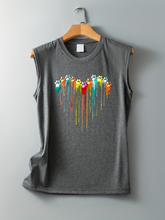 Colorful Paw Print Crew Neck Tank Top, Casual Sleeveless Top For Summer, Women's Clothing