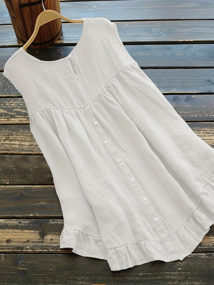 Solid Color Button Back Blouse, Elegant Crew Neck Ruffle Trim Sleeveless Blouse, Women's Clothing