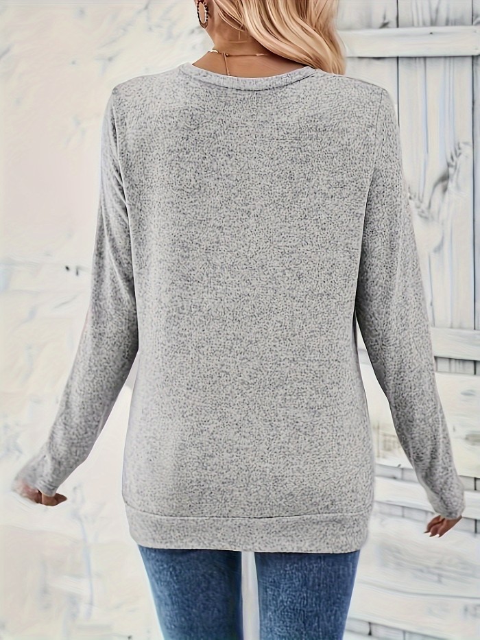 Button Decor Ruched T-Shirt, Casual Long Sleeve Top For Spring & Fall, Women's Clothing