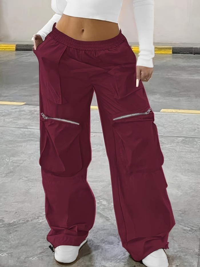 Plus Size Casual Solid Pants, Women's Plus Elastic High Rise Medium Stretch Wide Leg Cargo Trousers With Pockets