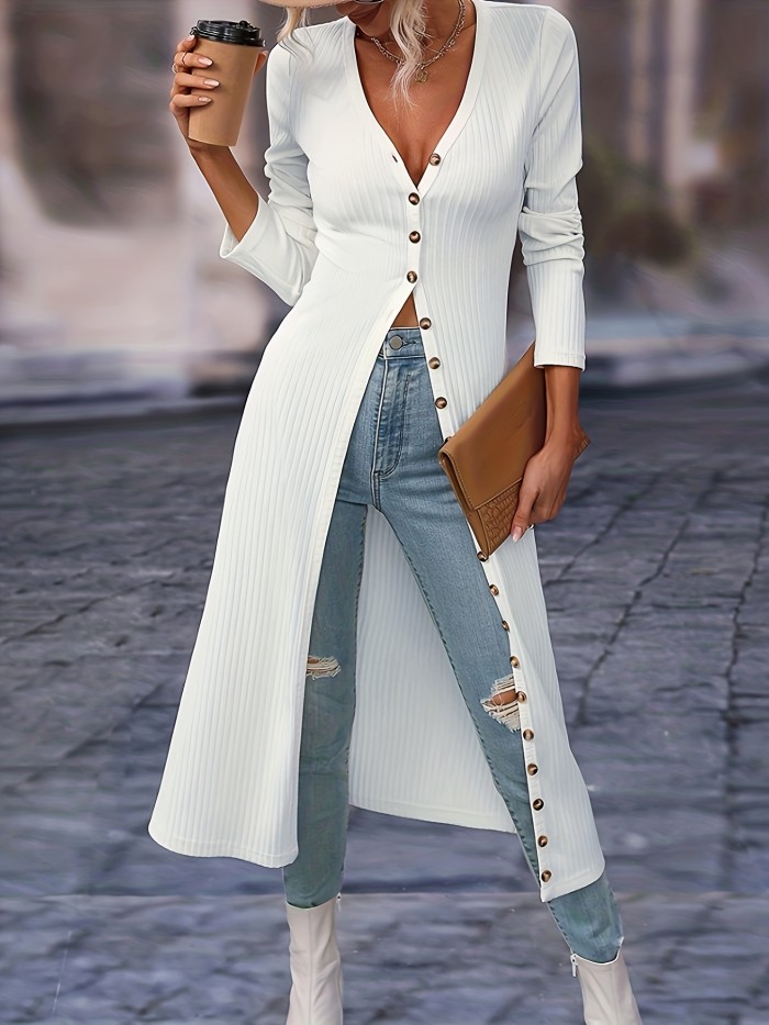 Solid Button Front Knitted Cardigan, Casual Long Sleeve Sweater Cardigan, Women's Clothing