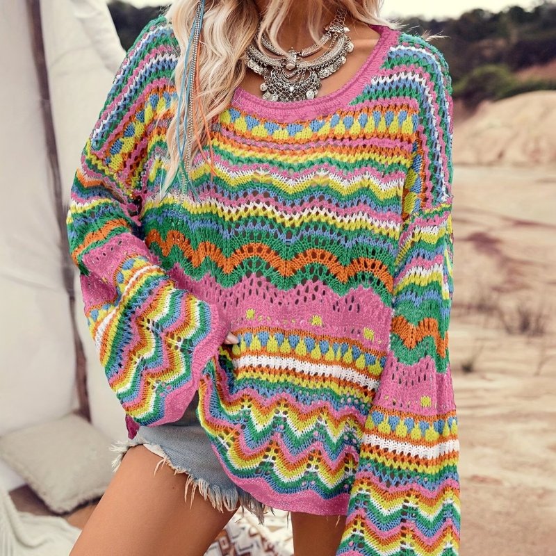 Hollow Out Loose Crew Neck Sweater, Casual Long Sleeve Colorblock Sweater, Women's Clothing