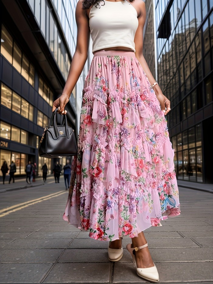 Floral Print Elastic Waist Skirt, Casual A-line Tiered Skirt For Spring & Summer, Women's Clothing