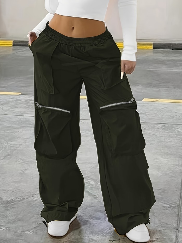 Plus Size Casual Solid Pants, Women's Plus Elastic High Rise Medium Stretch Wide Leg Cargo Trousers With Pockets
