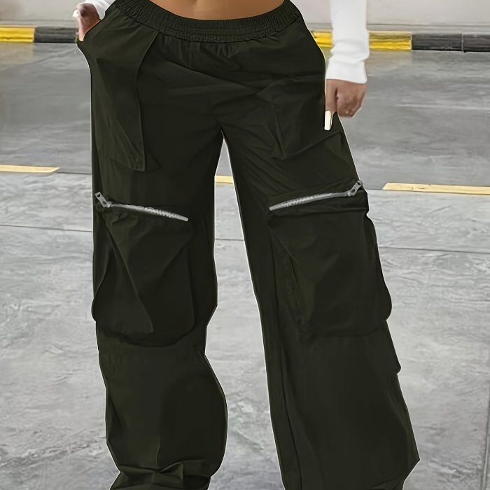 Plus Size Casual Solid Pants, Women's Plus Elastic High Rise Medium Stretch Wide Leg Cargo Trousers With Pockets