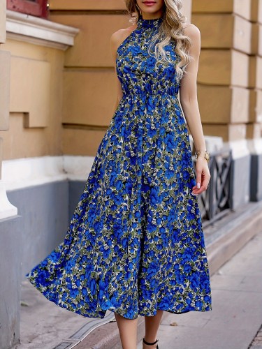 Midi Floral A-Line Halter Neck Sleeveless Dress - Elegant Polyester Summer Dress for Women - Woven, Random Printing, No Elasticity, Sheer-Free
