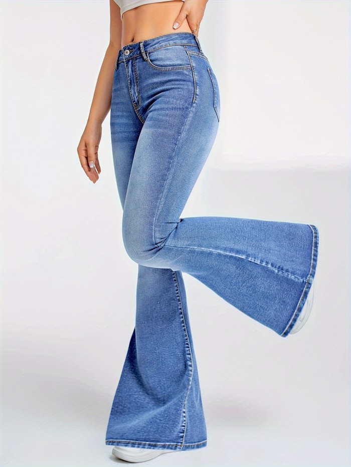 High-Waisted Flare Leg Jeans - Soft High Stretch Preppy Denim Pants with Slash Pockets, Long Length, Button Fly Closure, Machine Washable, Weekend Casual Wear for Slim Fit Women