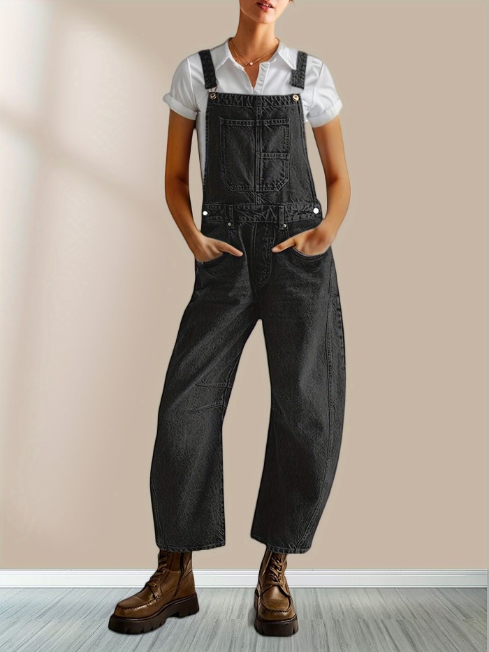 Solid Adjustable Strap Overall Jumpsuit, Casual With Pockets Sleeveless Overall Jumpsuit For Spring & Summer, Women's Clothing