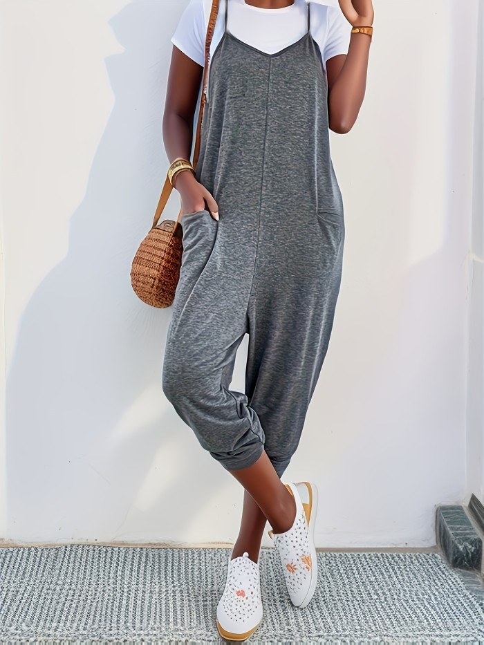 Solid Patched Pockets Overall Jumpsuit, Versatile V-neck Overall Jumpsuit For Spring & Summer, Women's Clothing