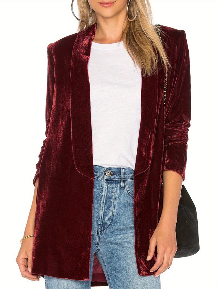 Women Casual Pleuche Blazer, Adults Open Front Solid Color Long Sleeve Lapel Suit Jacket