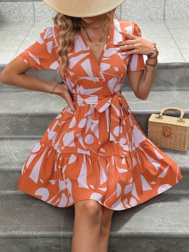 Floral Print Surplice Neck Dress, Elegant Short Sleeve Belted Dress For Spring & Summer, Women's Clothing For Elegant Dressing