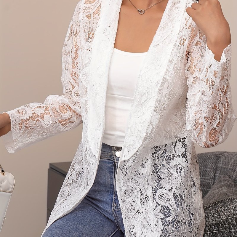 Floral Lace Lapel Blazer, Elegant Long Sleeve Open Front Outwear For Spring & Fall, Women's Clothing