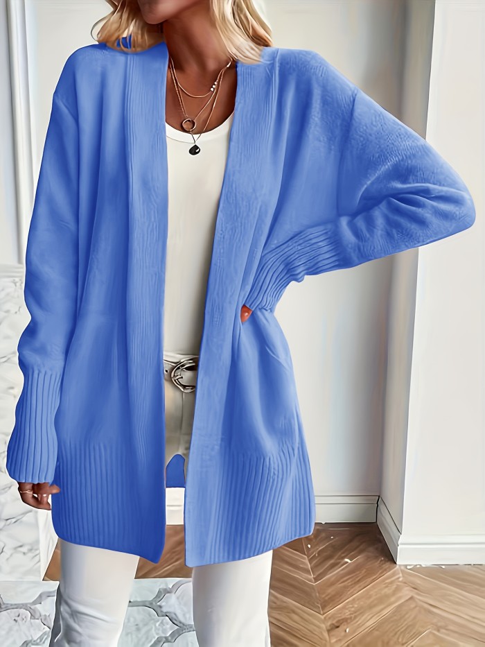 Solid Open Front Knit Cardigan, Casual Long Sleeve Loose Sweater With Pocket, Women's Clothing