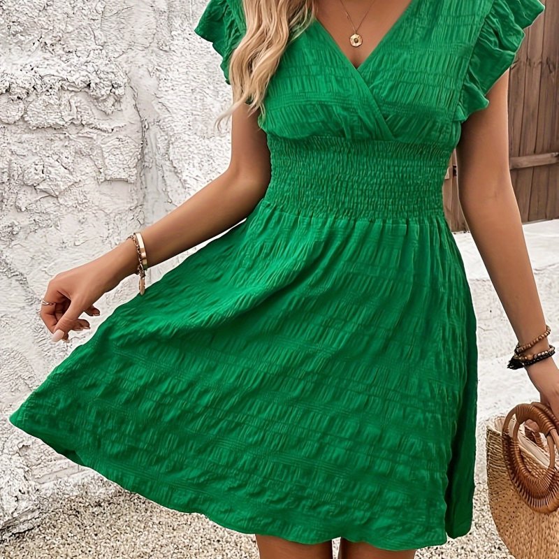 Solid Surplice Neck Dress, Casual Ruffle Sleeve Dress For Summer & Spring, Women's Clothing