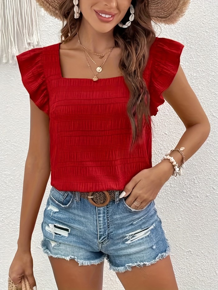 Ruffle Trim Solid Blouse, Elegant Squared Neck Versatile Blouse, Women's Clothing Wedding holiday vacation