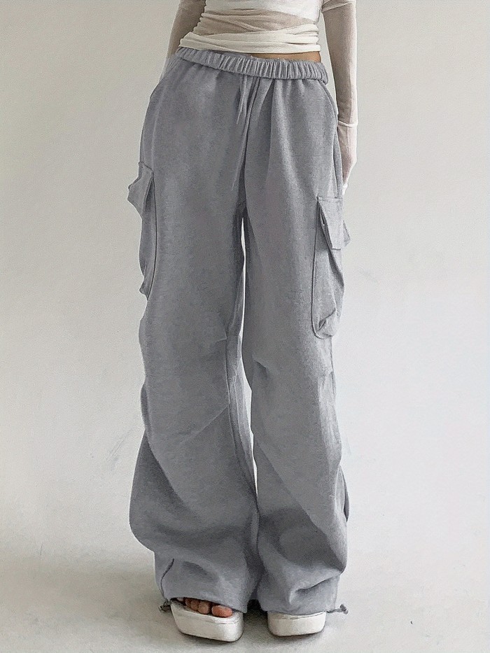 Flap Pockets Drawstring Loose Pants, Casual Solid Color Pants For Spring & Fall, Women's Clothing
