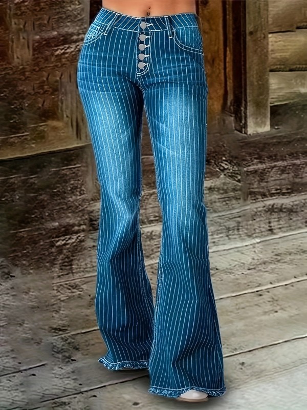 Striped Print Raw Hem Flare Leg Jeans, High Stretch Slash Pocket Retro Y2K Style Denim Pants, Women's Denim Jeans & Clothing