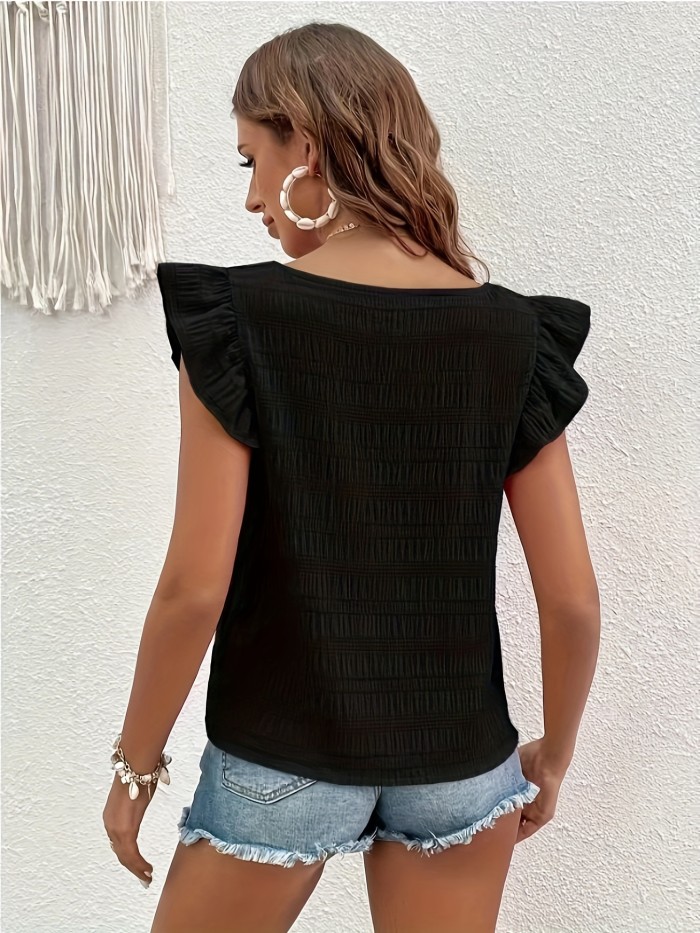 Ruffle Trim Solid Blouse, Elegant Squared Neck Versatile Blouse, Women's Clothing Wedding holiday vacation