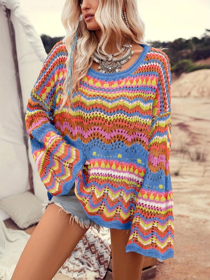 Hollow Out Loose Crew Neck Sweater, Casual Long Sleeve Colorblock Sweater, Women's Clothing