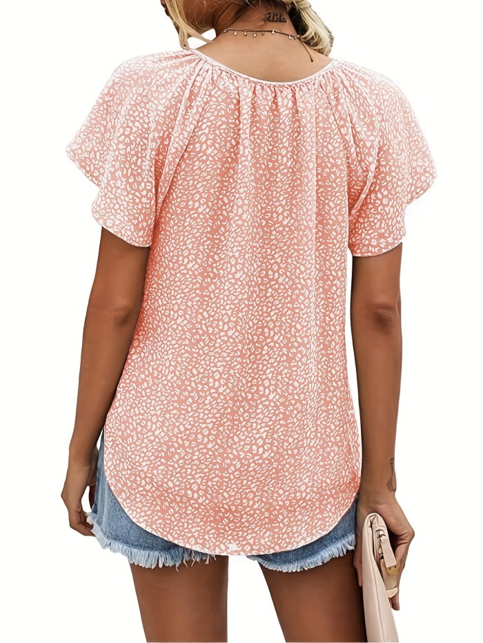 V Neck Flutter Sleeve Blouse, Loose Casual Top For Summer & Spring, Women's Clothing