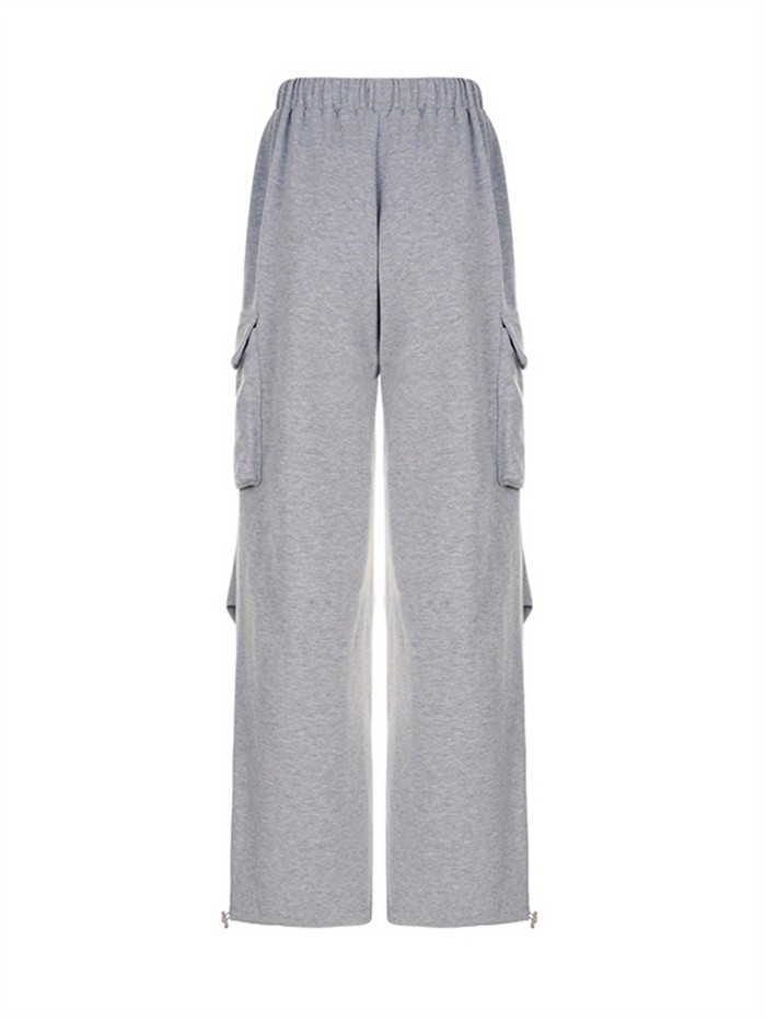 Flap Pockets Drawstring Loose Pants, Casual Solid Color Pants For Spring & Fall, Women's Clothing