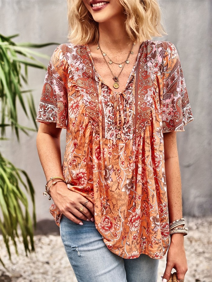 Vibrant Floral Print V-Neck Relaxed Fit Blouse - Soft Micro Elastic Polyester, Machine Washable, Casual Short Sleeve Shirt for Spring & Summer - Womens Vacation Clothing, Customized Style