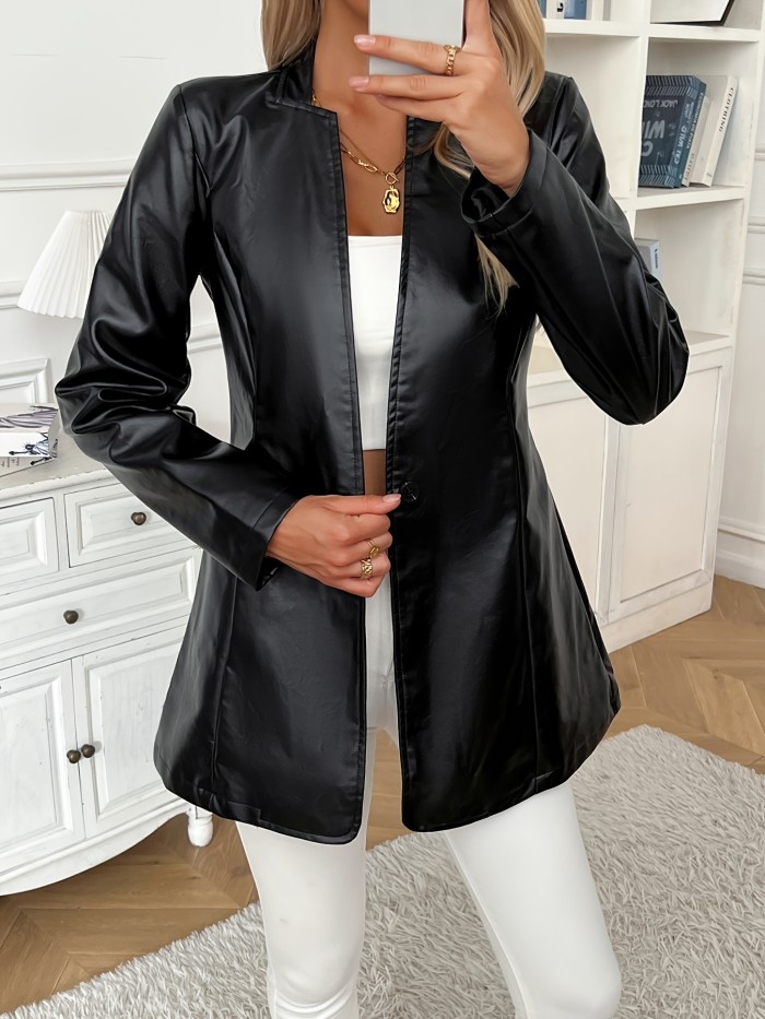 PU Leather Zip Up Bomber Jacket, Street Style Long Sleeve Motorcycle Jacket For Spring & Fall, Women's Clothing
