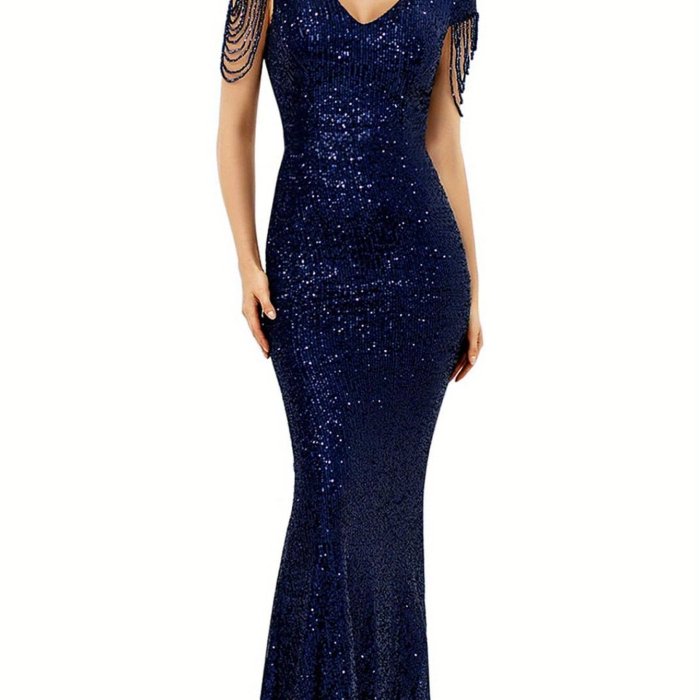 Women's V Neck Short Sleeve Sequin Bridesmaid Dress Gown Evening Party Dress