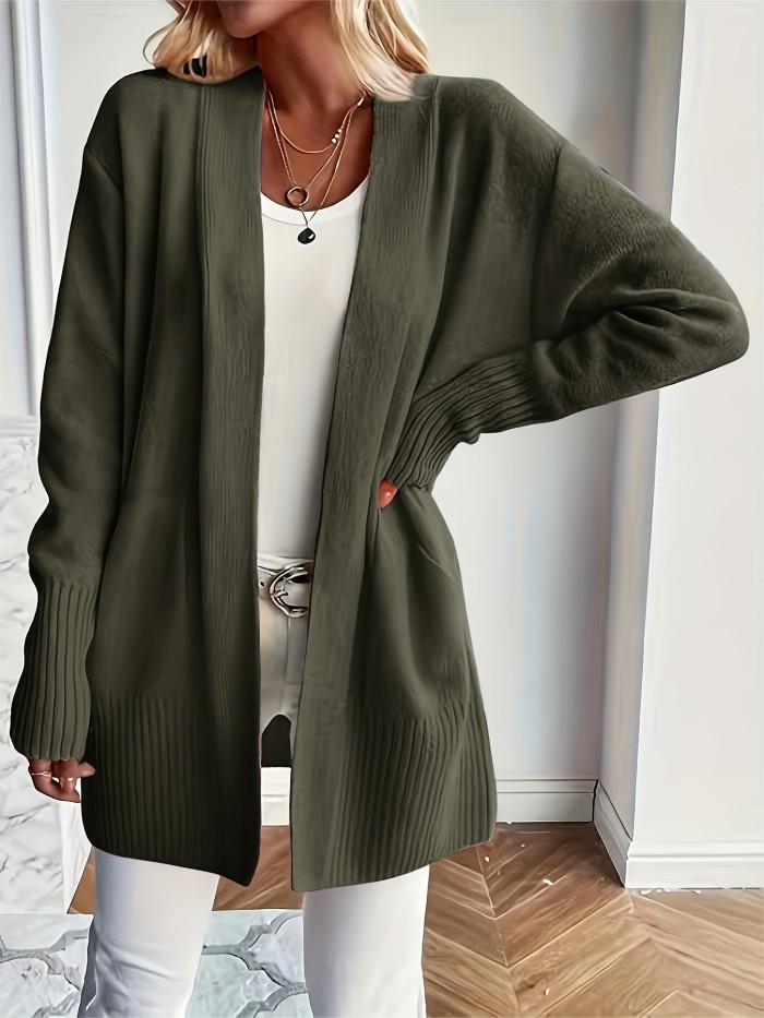 Solid Open Front Knit Cardigan, Casual Long Sleeve Loose Sweater With Pocket, Women's Clothing