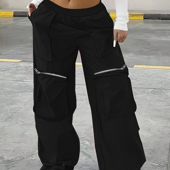 Plus Size Casual Solid Pants, Women's Plus Elastic High Rise Medium Stretch Wide Leg Cargo Trousers With Pockets
