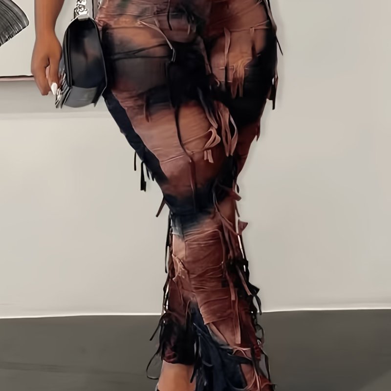 Tie Dye Print Flare Leg Pants, Y2K High Waist Skinny Tassel Mesh Pants For Fall & Winter, Women's Clothing