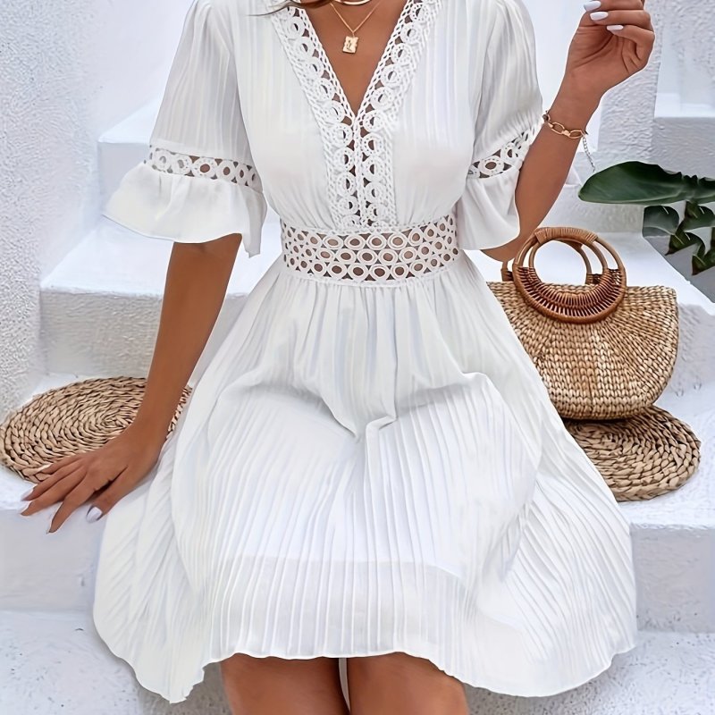 Vibrant V Neck Pendulum Dress - Shirred, Elegant, Short Sleeve, Solid Color, Polyester, Machine Washable - Perfect for Spring and Summer, Womens Clothing
