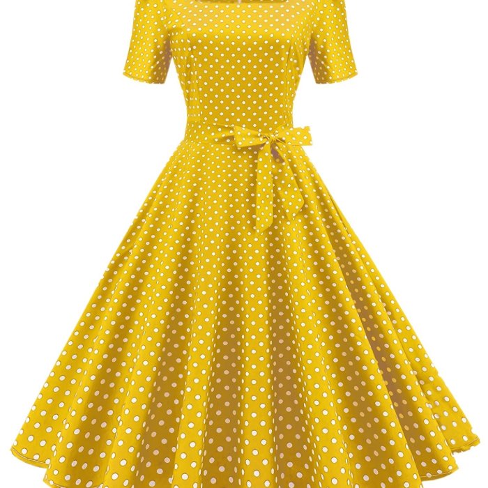 Polka Dot Bow Front Dress, Vintage Elegant Square Neck Short Sleeve Dress, Women's Clothing