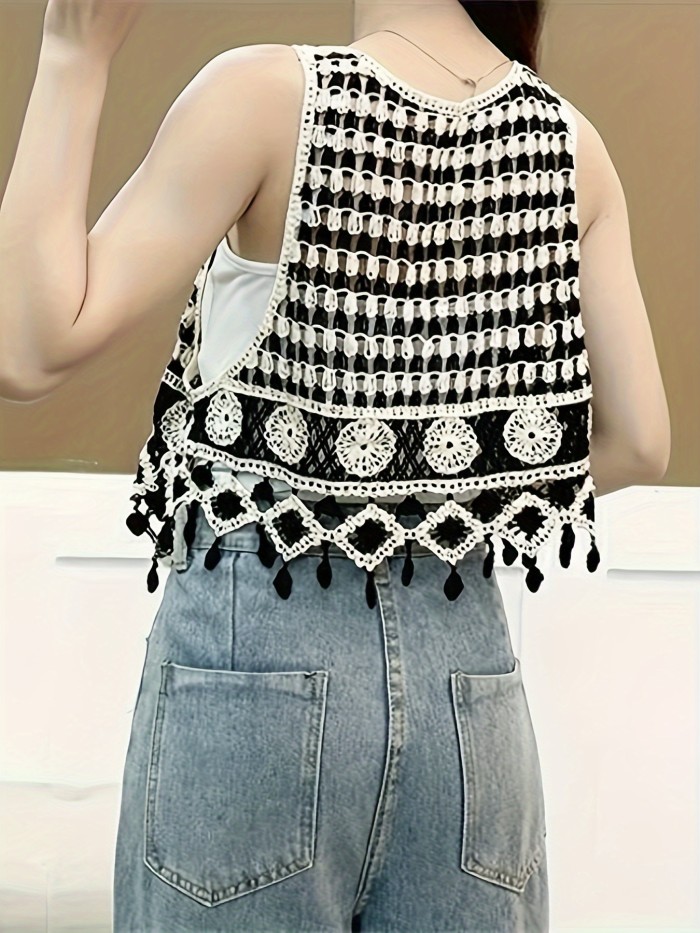 Tassel Crochet V Neck Vest, Boho Sleeveless Button Front Vest, Women's Clothing