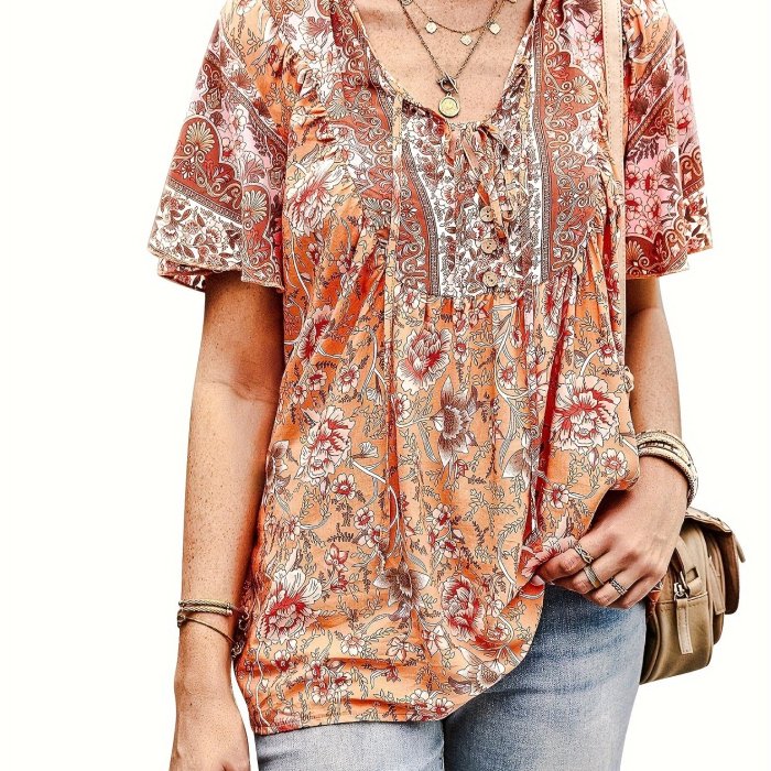 Vibrant Floral Print V-Neck Relaxed Fit Blouse - Soft Micro Elastic Polyester, Machine Washable, Casual Short Sleeve Shirt for Spring & Summer - Womens Vacation Clothing, Customized Style