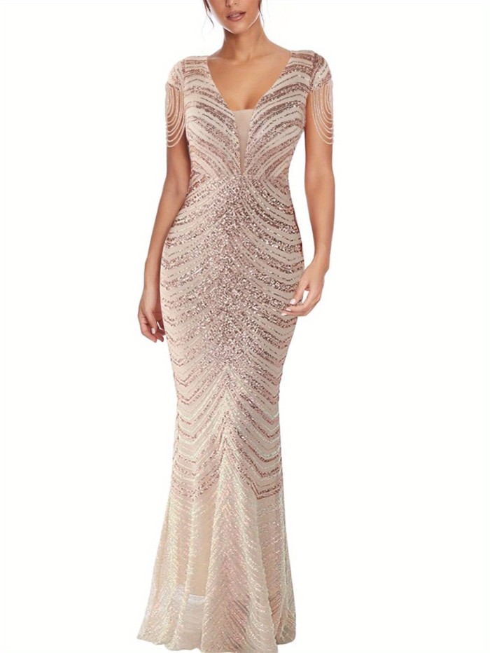 Women's V Neck Short Sleeve Sequin Bridesmaid Dress Gown Evening Party Dress