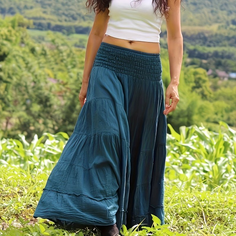 Flattering Shirred Waist A-line Maxi Skirt - Flowy & Stylish for Spring & Summer - Womens Fashion Must-Have