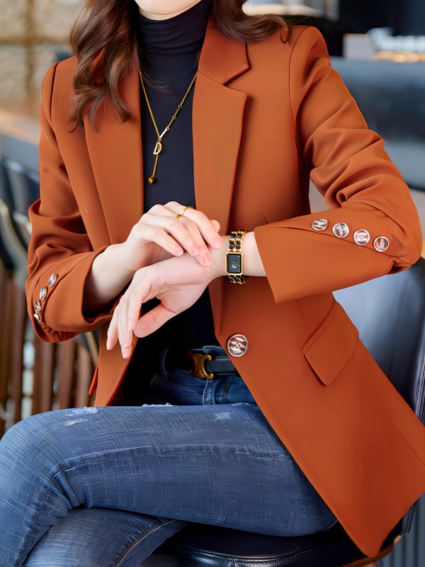 Notched Collar Button Front Blazer, Elegant Long Sleeve Blazer For Office & Work, Women's Clothing