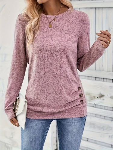 Button Decor Ruched T-Shirt, Casual Long Sleeve Top For Spring & Fall, Women's Clothing