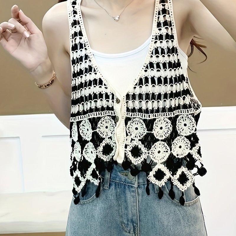 Tassel Crochet V Neck Vest, Boho Sleeveless Button Front Vest, Women's Clothing