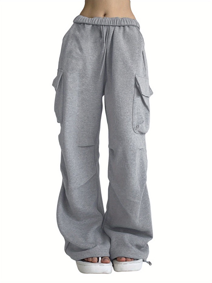 Flap Pockets Drawstring Loose Pants, Casual Solid Color Pants For Spring & Fall, Women's Clothing