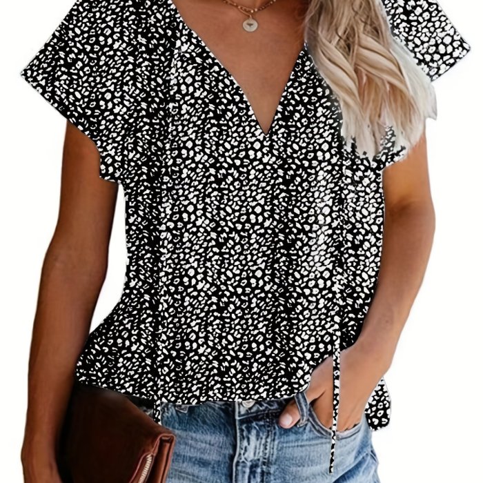 V Neck Flutter Sleeve Blouse, Loose Casual Top For Summer & Spring, Women's Clothing