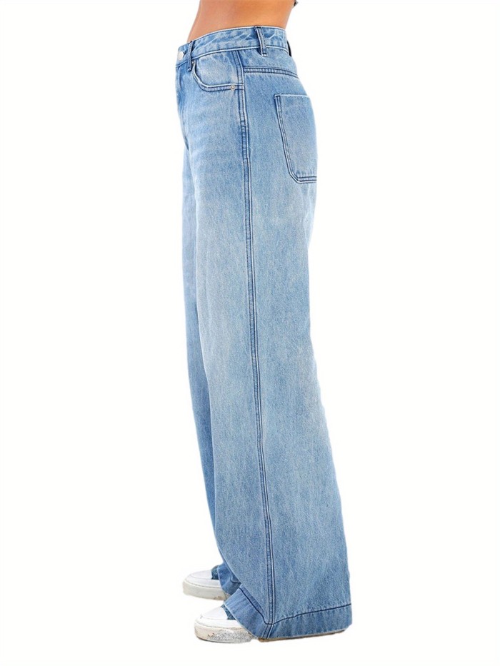 Womens High-Waist Wide-Leg Denim Jeans - Soft Slight Stretch Fabric, Breathable and Comfortable, Casual Loose Fit with Functional Pockets - Machine Washable, Perfect for Summer and Spring Fashion