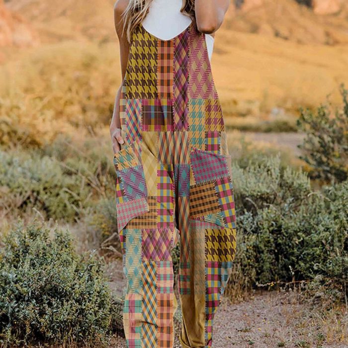 Full Size Printed V-Neck Sleeveless Jumpsuit