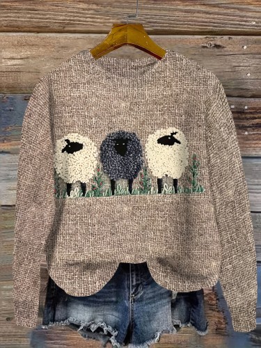Sheep Pattern Drop Shoulder Sweater, Casual Long Sleeve Sweater For Fall & Winter, Women's Clothing