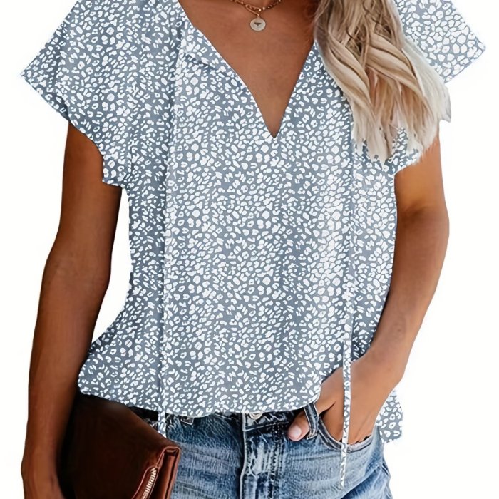 V Neck Flutter Sleeve Blouse, Loose Casual Top For Summer & Spring, Women's Clothing